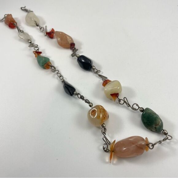 Vintage Agate Quartz Aventurine Gemstone Nugget Beaded Necklace Silver Tone - Picture 5 of 8